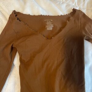 Free People Brown Ribbed Asymmetrical Bodysuit